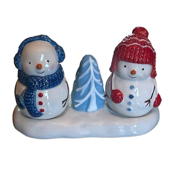 St Nicholas Square Let It Snow Snowman Salt & Pepper Shakers With Stand GUC 3 PC - Picture 1 of 9